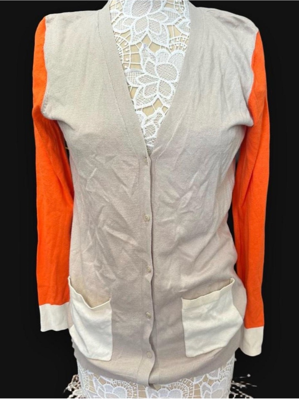 Target Beige Cardigan with Orange Sleeves and White Pockets